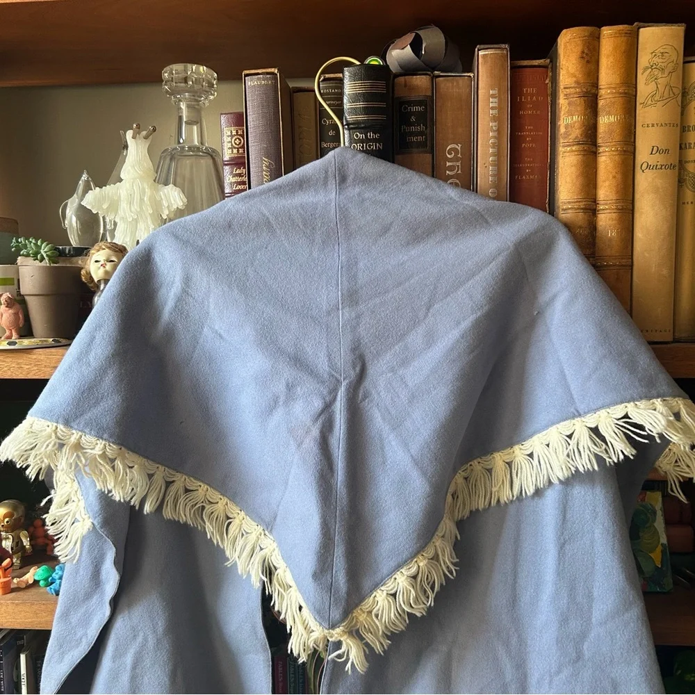 Vintage 60s Light Blue Shawl with Cream Fringe and Pockets